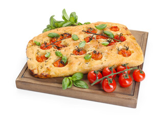 Delicious focaccia with tomatoes and spices isolated on white