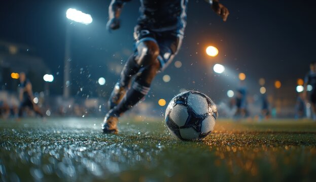 Soccer player in action on wet, illuminated field at night.