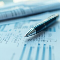 Business documents with pen and financial graphs on desk surface