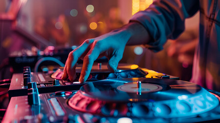 A dj performing at a club with a hand on the mixer and vinyl record under blue and pink lighting