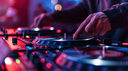 Close up of a dj mixing music on a turntable with red and blue lighting in a nightclub setting