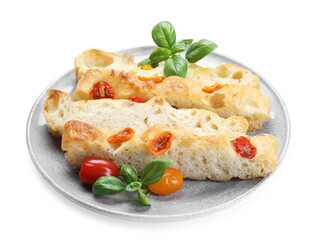 Pieces of delicious focaccia with tomatoes and basil isolated on white