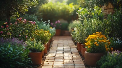 Serene brick pathway through a vibrant and flourishing garden brimming with blossoming flowers image
