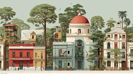 Obraz premium Curated ensemble of cultural landmarks showcasing transitional architectural forms regional vernacular styles and heritage conservation overlays