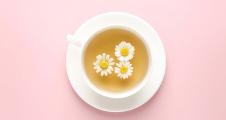 Delicious chamomile tea in cup and fresh flowers on pink background, flat lay