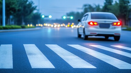 White Car on Urban Road with Crosswalk and Traffic Lights at Dusk
