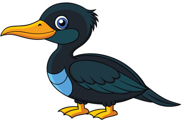 Cute Cartoon Cormorant with Yellow Beak and Feet in Profile View