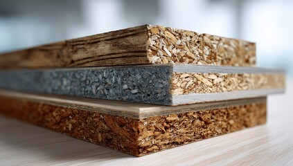 Close-up of stacked particle board and plywood sheets.