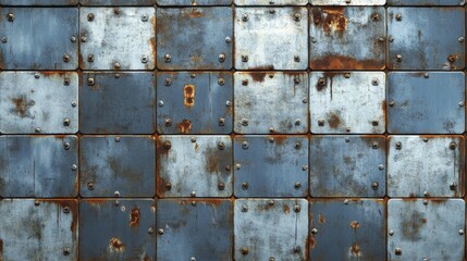 Weathered Metal Wall with Rust and Textured Blue Squares