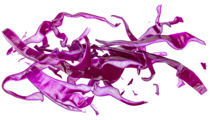 Dynamic Motion of Red Cabbage Shreds on Transparent Background