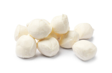 Many tasty mozzarella cheese balls isolated on white