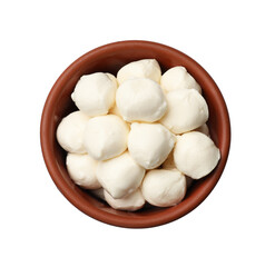 Tasty mozzarella cheese balls in bowl isolated on white, top view
