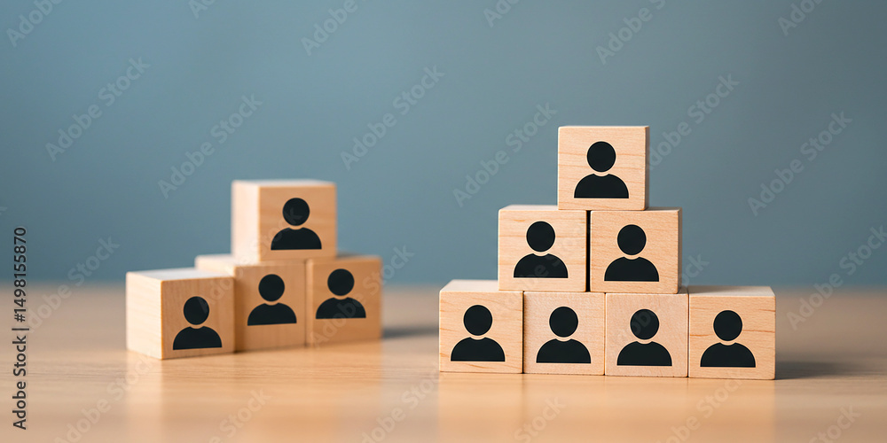 Poster a representation of company hierarchy depicted by wooden blocks with people icons highlighting on tr