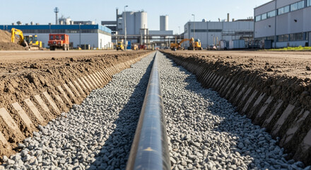 Recently installed pipeline with surrounding gravel and soil compaction tracks, industrial area background, communication installation
