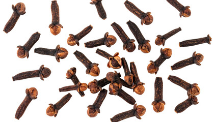 Whole cloves rotating and falling on transparent background