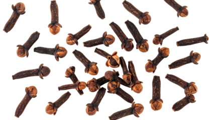 Whole cloves rotating and falling on transparent background