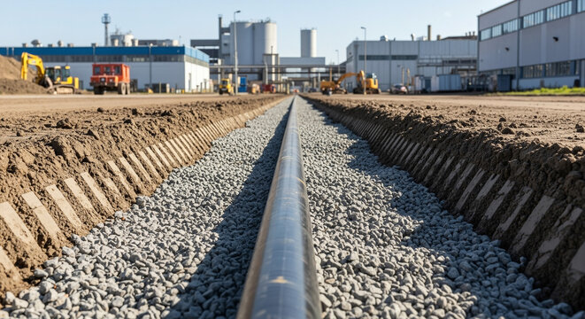 Recently installed pipeline with surrounding gravel and soil compaction tracks, industrial area background, communication installation
