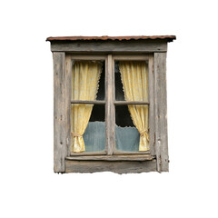 Rustic Wooden Window with Yellow Curtains - Aged and Weathered Farmhouse Window Frame