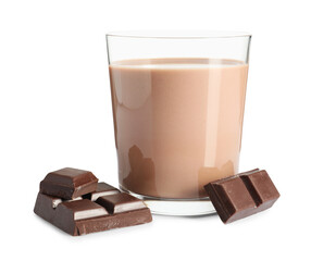 Tasty chocolate milk in glass and ingredient isolated on white