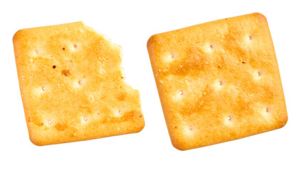Fototapeta premium Two salty crackers, one bitten, isolated on transparent background