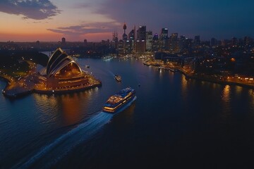 Naklejka premium Dusk panorama of Sydney Harbour showcasing city skyline and ferry on calm waters, Sydney Harbour in dusk aerial panoramic view Australia night scene