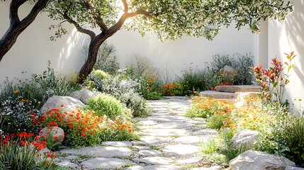 Serene garden pathway with stone steps and blossoming trees bathed in beautiful sunlight image