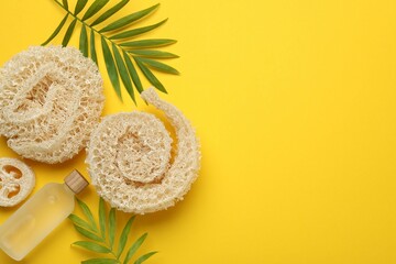 Natural loofah sponges, cosmetic product and green twigs on yellow background, flat lay. Space for text