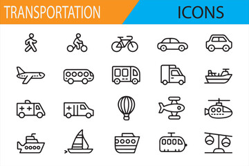 Collection of Transport Icons: Bicycle, Car, Airplane, Rocket, and More