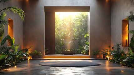 Serene interior courtyard with lush greenery and warm lighting creating a calming space image