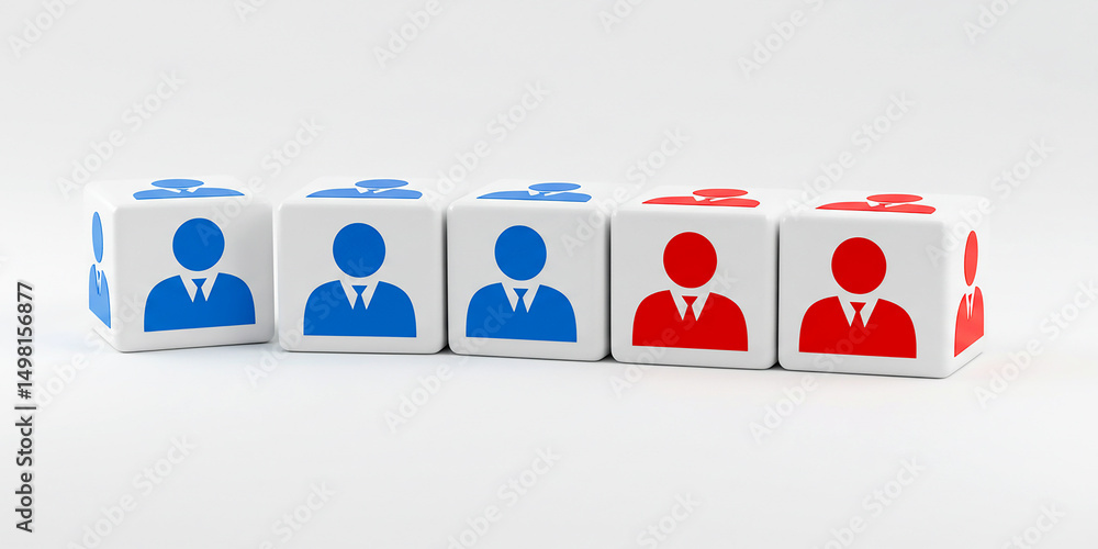 Poster choosing to stand out four cubes depict team members with the last two colored in striking red on tr