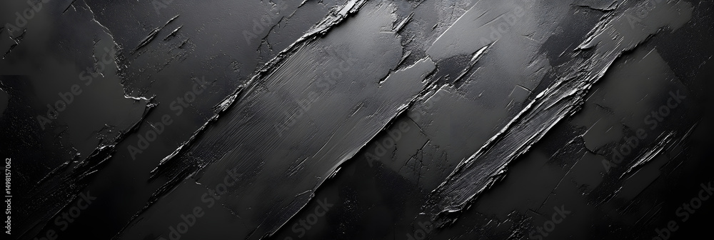 Poster black background with sparse angular grey brushstrokes as straight diagonal lines or smudges, restra