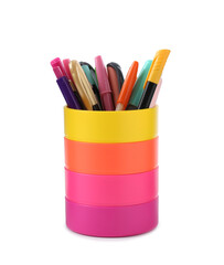 Fototapeta premium Different stationery in pen holder isolated on white