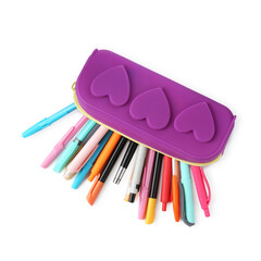 Different stationery in pencil case isolated on white, top view