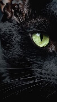 Regard intense d&rsquo;un chat noir au pelage lustr&eacute; et aux yeux verts

