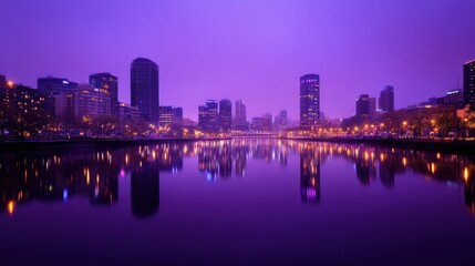 Fototapeta premium Vibrant Cityscape Reflection at Twilight Over Serene Water Surface