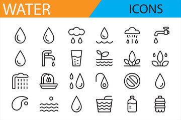 Minimal Water Icons Set: Droplets, Faucet, Rain, and Sustainability Symbols