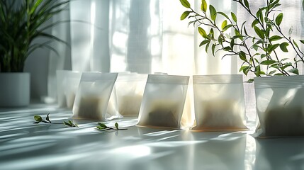 Softly lit image showing several tea bags beside plant foliage and natural lighting indoors