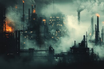 Industrial steampunk cityscape filled with heavy machinery and smokestacks at twilight, Industrial Steampunk Cityscape with Heavy Machinery and Fog