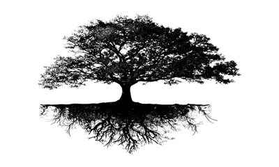 Silhouette tree with roots vector illustration black and white, nature concept, organic growth design, forest symbol, eco friendly logo, botanical silhouette cutout.