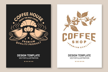 Fototapeta na wymiar Set of Restaurant and Coffee shop flyer, poster, banner design. Vector. Concept for cafe and restaurant logo, brand, label with coffee beans, cup, croissant, branch of coffee tree. International