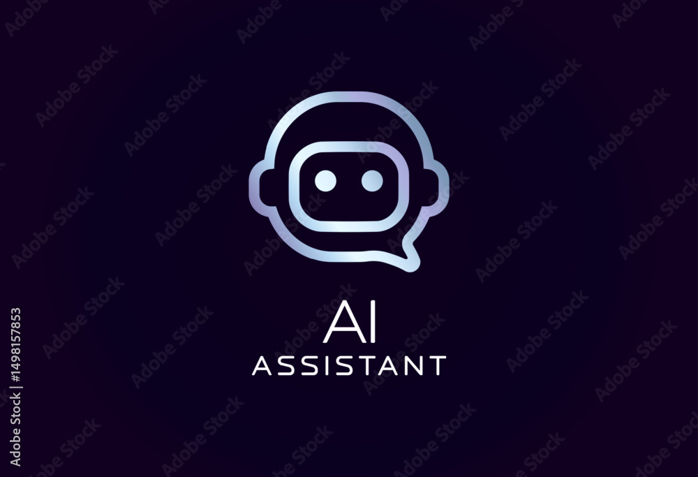 Poster AI assistant logo with robot face in speech bubble shape, glowing futuristic lines. Ideal for chatbots, digital helpers, smart support tools, tech branding. Vector illustration.
