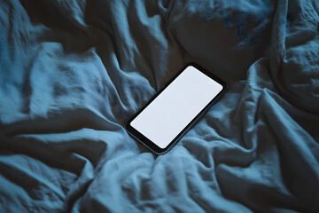 Soft glow of a smartphone on cozy, crumpled bed sheets at night