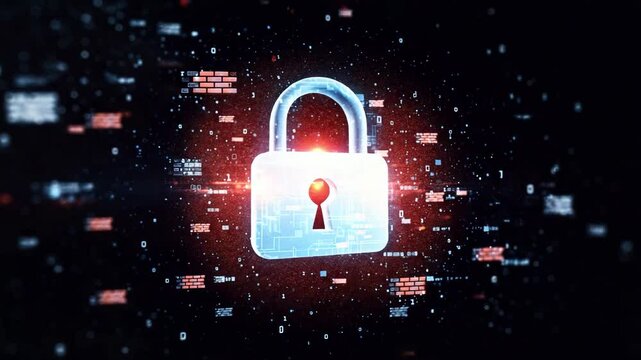Red glowing padlock in front of dynamic code flow and data lines symbolizing cybersecurity, digital access, and data breach defense