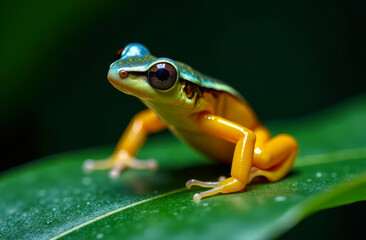 Fototapeta premium A close-up of a frog sitting on a water lily. A green frog in a swamp.