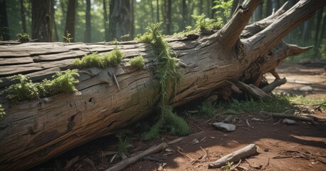 Fototapeta premium Green shoot pushes through aged wood of a fallen tree trunk , outdoor, nature, photography
