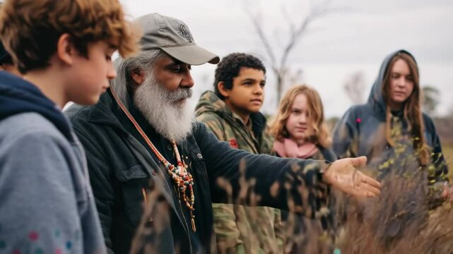 Indigenous Elder Teaching Youth About Nature&rsquo;s Time Cycles and Seasonal Wisdom in Outdoor Setting