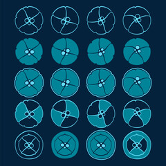 Set of abstract illustrations with jellyfish. Isolated vector objects on blue background.