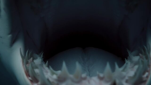 Cinematic nature scene diving into the mouth of a great white shark in the open ocean.