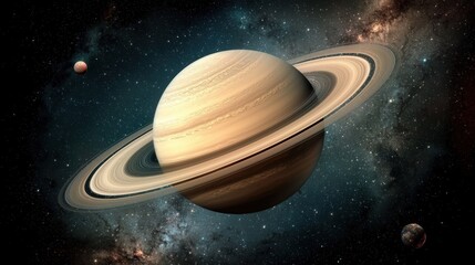 Naklejka premium A large planet with rings is shown in space, with two smaller planets orbiting it.