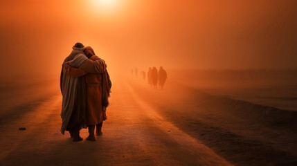 The Prodigal Son returning, dusty road lit by golden sunset, emotional father embracing the son, servants in the distance.